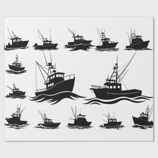 Fishing Boat Silhouette Pattern Wrapping Paper ラッピングペーパー (フラット)