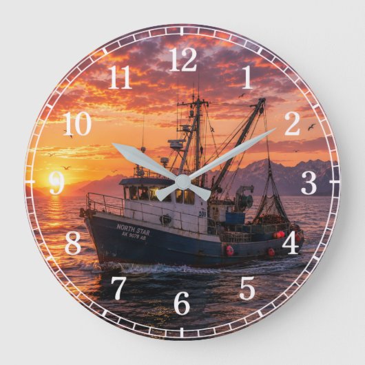 Fishing Boat Wall Clock — Coastal Landscape Design ラージ壁時計 (正面)