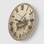 Fishing Boat Wall Clock – Wood-Burned Style ラージ壁時計 (傾斜)