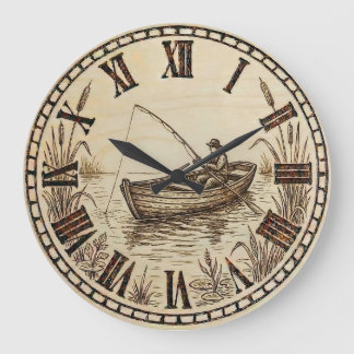Fishing Boat Wall Clock – Wood-Burned Style ラージ壁時計