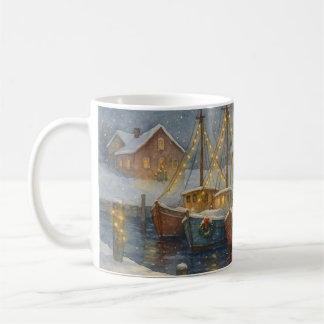 Fishing Boats in Harbor Christmas コーヒーマグカップ
