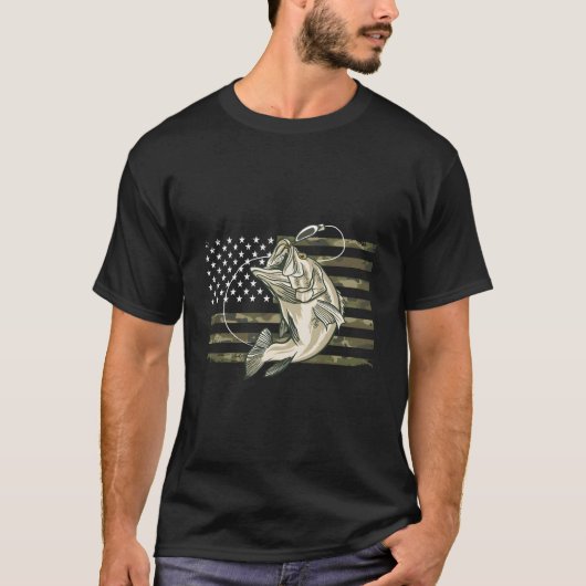 Fishing Camouflage Us American Flag Bass Fish Fish Tシャツ (正面)