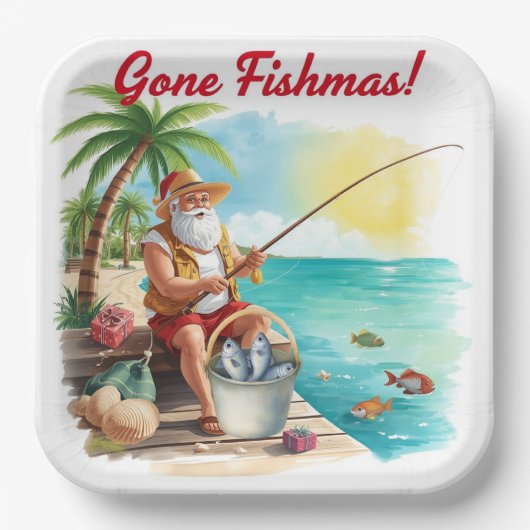 Fishing Christmas with Santa Claus Paper Plate ペーパープレート (正面)