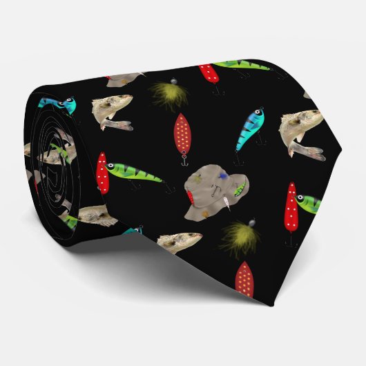 Fishing Hats and Lures on Black ネクタイ (ロール)