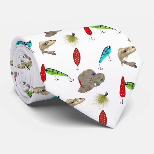 Fishing Hats and Lures on White ネクタイ (ロール)