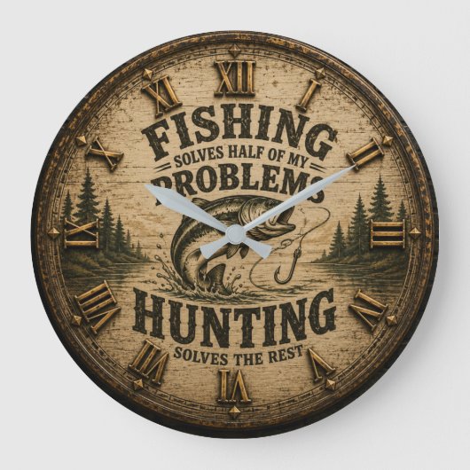 Fishing Hunting Cabin Fisherman & Hunter Gift ラージ壁時計 (正面)