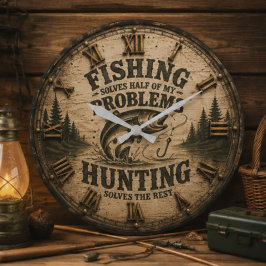 Fishing Hunting Cabin Fisherman & Hunter Gift ラージ壁時計