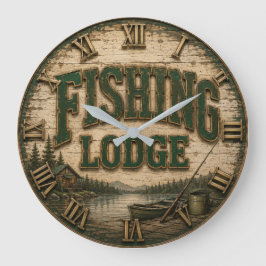 Fishing Lodge Rustic Cabin Lake Decor Vintage Fish ラージ壁時計