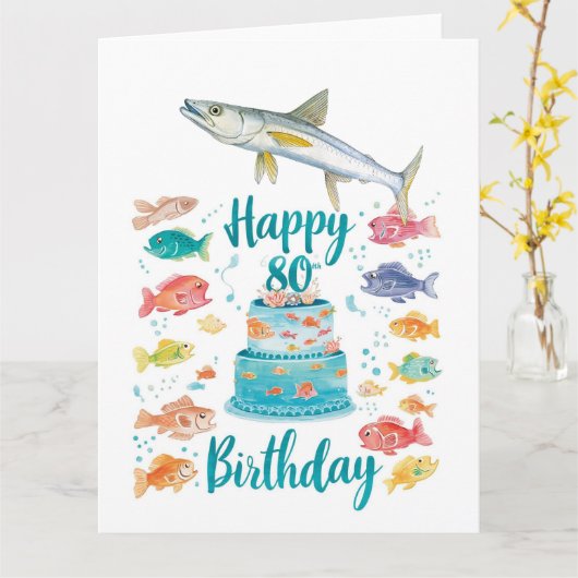 Fishing Lover 80th Birthday Watercolor  カード (黄色い花)