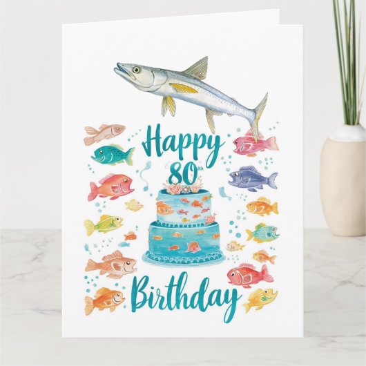 Fishing Lover 80th Birthday Watercolor カード (正面)