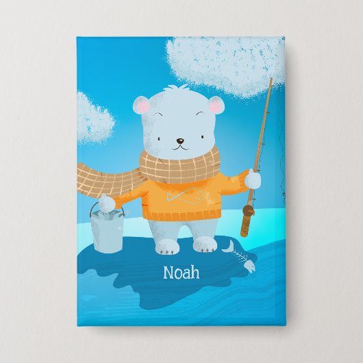 Fishing Polar Bear Kid Pin Button with Name 缶バッジ (正面)