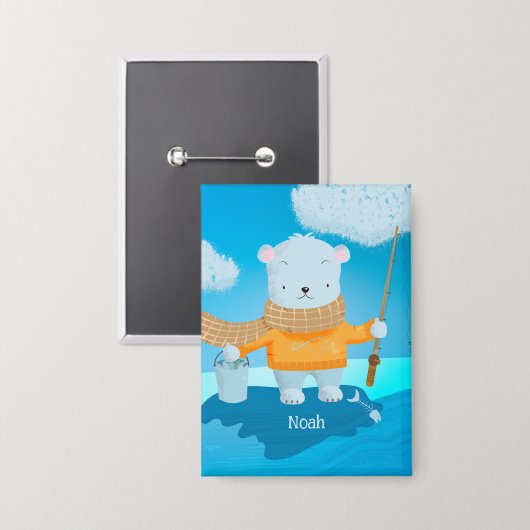 Fishing Polar Bear Kid Pin Button with Name 缶バッジ (正面/裏面)