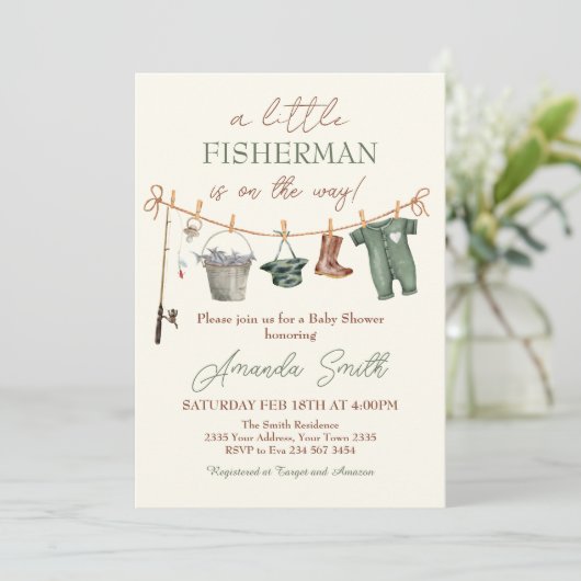 Fishing Reel Excited Boy Baby Shower Invitation 招待状 (スタンド正面)