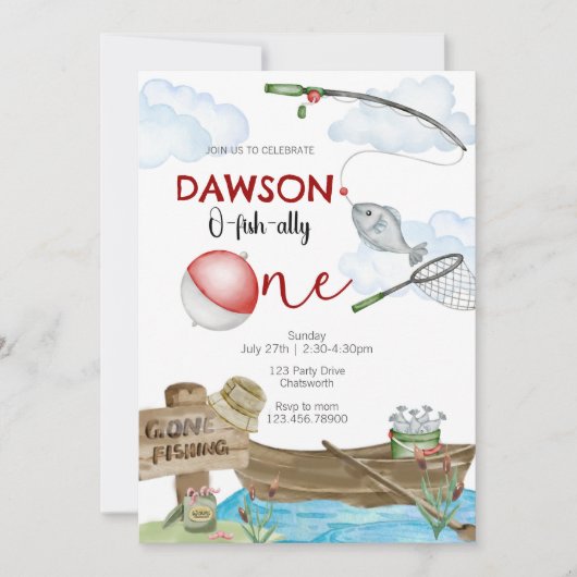 fishing-themed, Fishing Birthday, One, first birth 招待状 (正面)