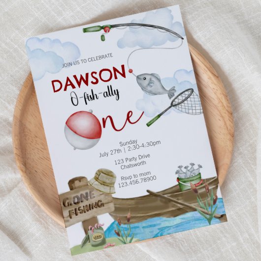 fishing-themed, Fishing Birthday, One, first birth 招待状