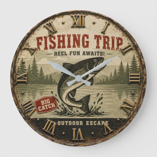 Fishing Trip Rustic Cabin Lake House ラージ壁時計 (正面)