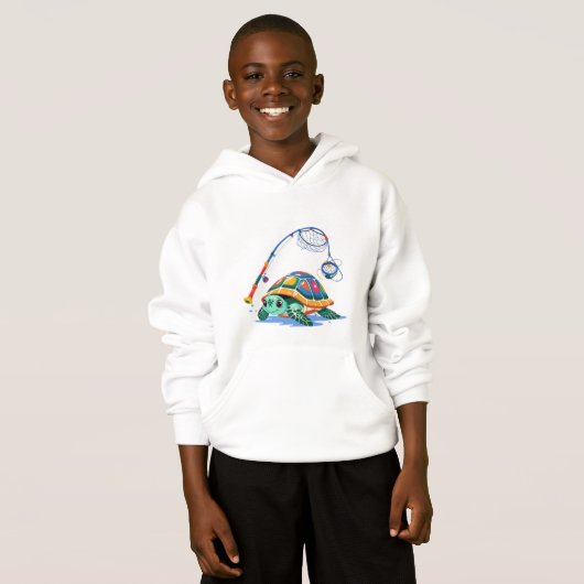 Fishing Turtle Fun – Kids’ Hoodie (正面フル)