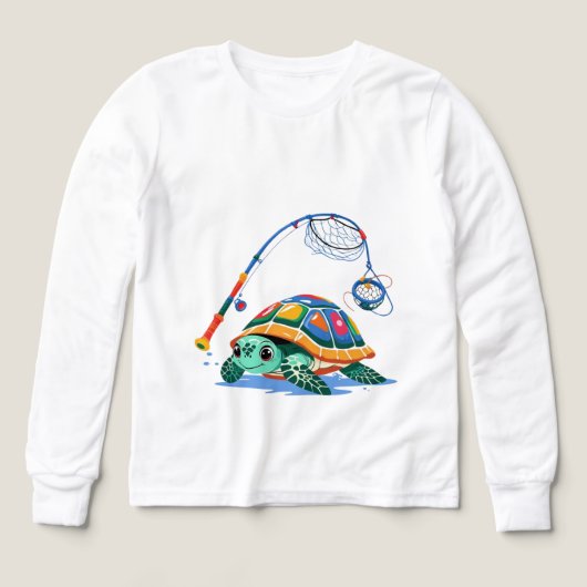 Fishing Turtle Fun – Kids’ Long Sleeve Tee (デザイン正面)