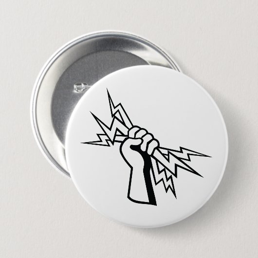 Fist Holding Lightning Bolt Bold Power 缶バッジ (正面&裏面)