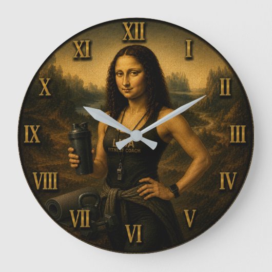 Fitness Coach Funny Mona Lisa Trainer Gift for Gym ラージ壁時計 (正面)