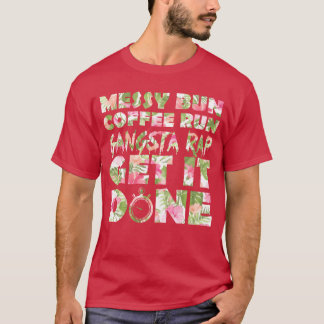 Fitness Floral Print Messy Bun Hair Coffee Run fam Tシャツ