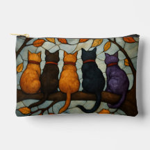 Five Cats on a Tree Branch Stained Glass Style