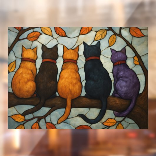 Five Cats on a Tree Branch Stained Glass Style ウィンドウサイン (シート2)