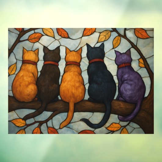 Five Cats on a Tree Branch Stained Glass Style ウィンドウサイン (シート3)
