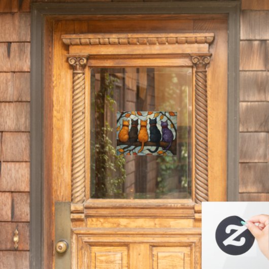 Five Cats on a Tree Branch Stained Glass Style ウィンドウサイン (ホームデコレーション)