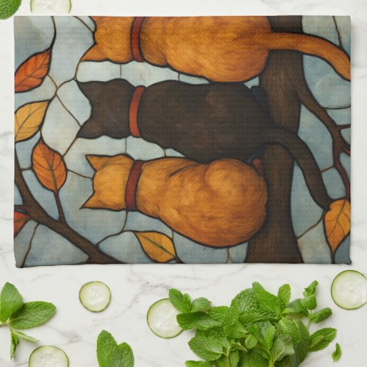 Five Cats on a Tree Branch Stained Glass Style キッチンタオル (折り畳み)