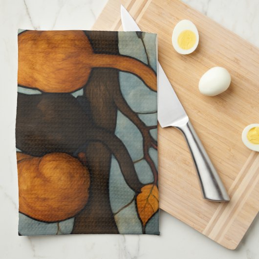 Five Cats on a Tree Branch Stained Glass Style キッチンタオル (四つ折り)