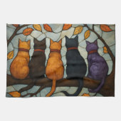 Five Cats on a Tree Branch Stained Glass Style キッチンタオル (横)
