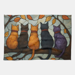Five Cats on a Tree Branch Stained Glass Style キッチンタオル