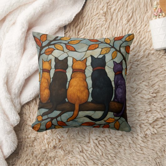 Five Cats on a Tree Branch Stained Glass Style クッション (ブランケット)