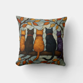 Five Cats on a Tree Branch Stained Glass Style クッション