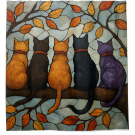Five Cats on a Tree Branch Stained Glass Style シャワーカーテン