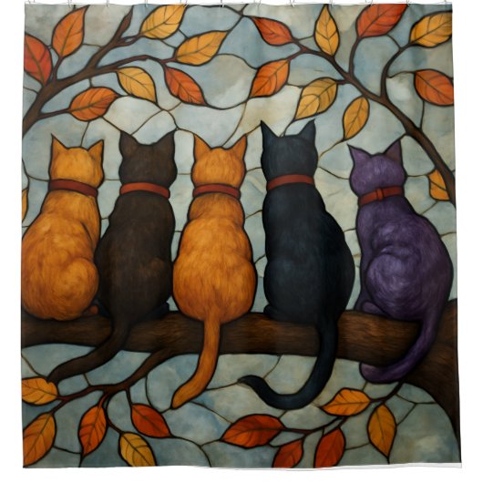 Five Cats on a Tree Branch Stained Glass Style シャワーカーテン (正面)