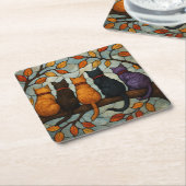 Five Cats on a Tree Branch Stained Glass Style スクエアペーパーコースター (アングル)