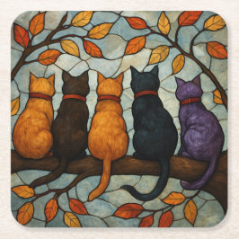 Five Cats on a Tree Branch Stained Glass Style スクエアペーパーコースター