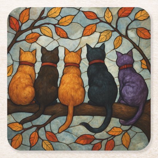 Five Cats on a Tree Branch Stained Glass Style スクエアペーパーコースター (正面)