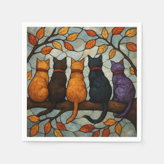Five Cats on a Tree Branch Stained Glass Style スタンダードカクテルナプキン (正面)