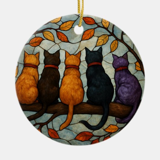 Five Cats on a Tree Branch Stained Glass Style セラミックオーナメント (正面)