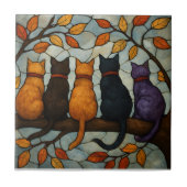 Five Cats on a Tree Branch Stained Glass Style タイル (正面)