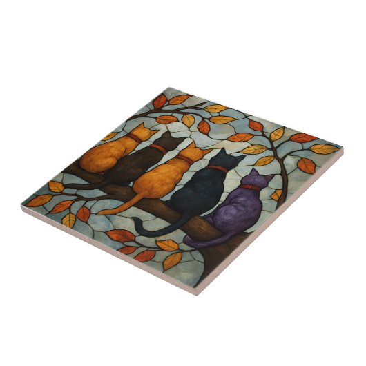 Five Cats on a Tree Branch Stained Glass Style タイル (側面)