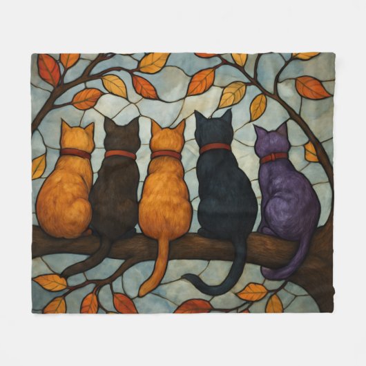 Five Cats on a Tree Branch Stained Glass Style フリースブランケット (正面(横))