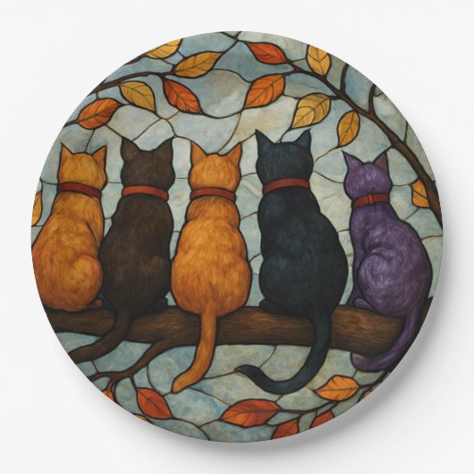 Five Cats on a Tree Branch Stained Glass Style ペーパープレート (正面)