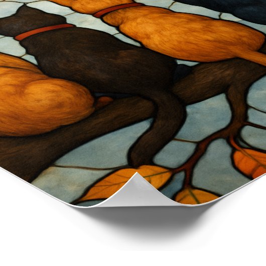 Five Cats on a Tree Branch Stained Glass Style ポスター (角)