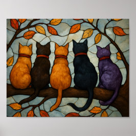 Five Cats on a Tree Branch Stained Glass Style ポスター