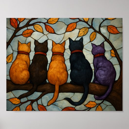 Five Cats on a Tree Branch Stained Glass Style ポスター (正面)