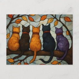 Five Cats on a Tree Branch Stained Glass Style ポストカード
